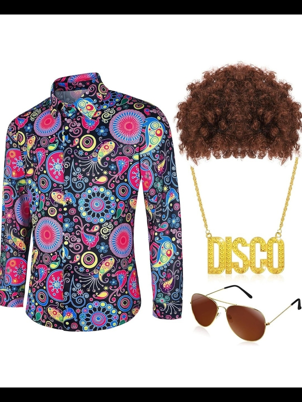 4 Pcs 70s Disco Costume for Men 60s Outfits Vintage Disco Shirt Wig Sunglasses